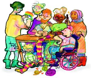 Kuvassa on piirrettyjä ihmisiä,j otka ovat kokoontuneet pöydän ääreen keskustelemaan.