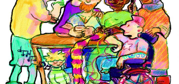 Kuvassa on piirrettyjä ihmisiä,j otka ovat kokoontuneet pöydän ääreen keskustelemaan.