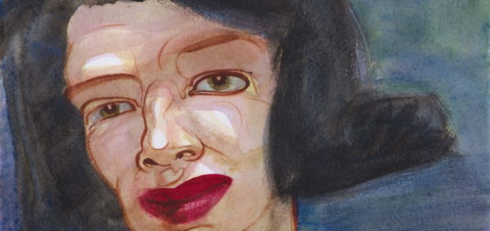 Kuvassa on maalaus naisesta, jonka takana on sateenkaari.