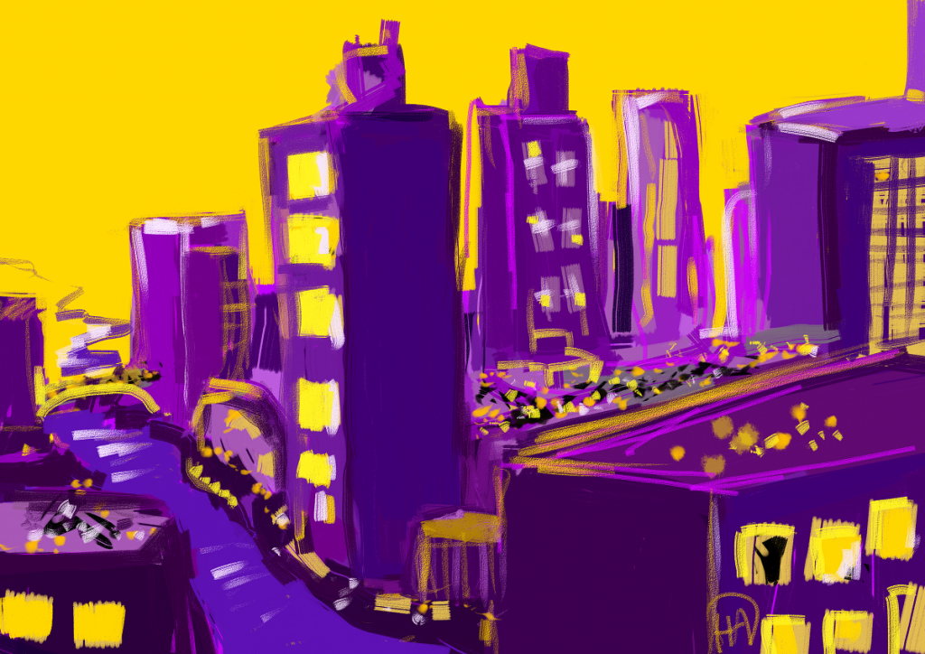 Kuvassa on piirretty suurkaupunkinäkymä.