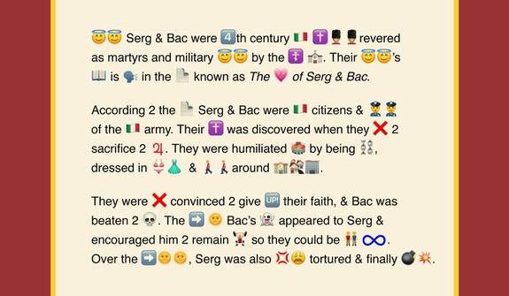 Kuvassa on emoji-kuvilla ja tekstillä tehty taideteoos, joka muodostaa tarinan.