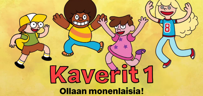 Kuvassa neljä erilaista lasta hyppää ilmaan. Yhdellä on silmälasit, toisella tumma iho ja afro, kolmannella lyhyet hiukset ja mekko ja neljännellä pitkät vaaleat hiukset.