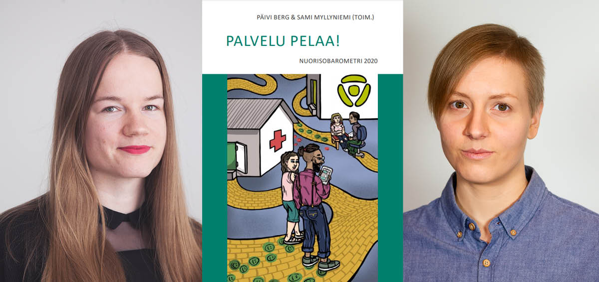 Kuvassa on pitkähiuksinen Heta Hölttä ja lyhythiuksinen Teija Ryhtä. Keskellä on nuorisobarometrin kansi, jossa kuvituksena tablettia nuori ja pari maassa istuvaa nuorta. Taustalla Kela ja terveyskeskus.