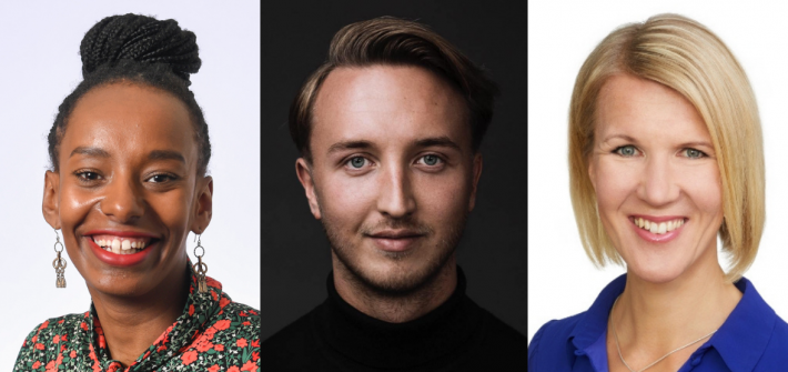 Kuvassa on pressikuvat kansanedusta Bella Forgrenista, Ilmari Nurmisesta ja Sari Multalasta. Kaikki hymyilevät.