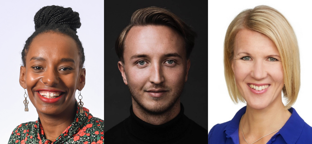 Kuvassa on pressikuvat kansanedusta Bella Forgrenista, Ilmari Nurmisesta ja Sari Multalasta. Kaikki hymyilevät.