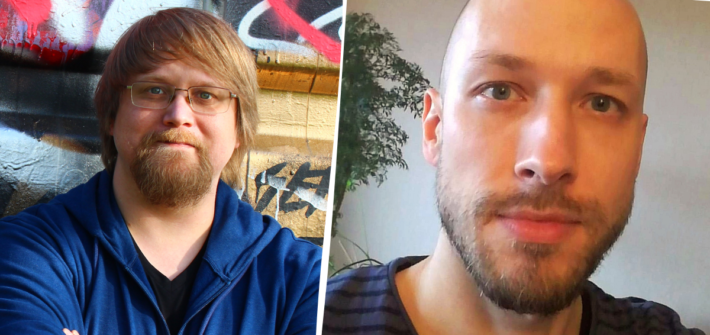 Pekka Rantala graffitiseinän edessä ja Peik Ingmanin selfie sisätiloissa samassa kuvassa