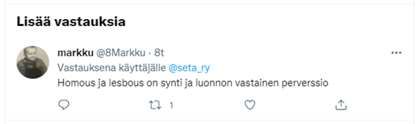 Markku-nimimerkin kuvankaappaus twitteristä, jossa hän sanoo, että Homous ja lesbous on synti ja luonnon vastainen perversio.
