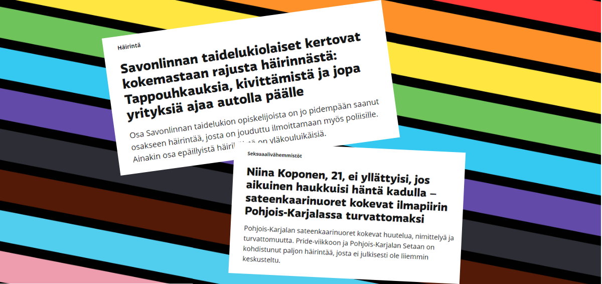 Kaksi uutisotsikkoa Yleltä, joissa kerrotaan nuorten kokemasta vihasta Joensuussa ja Savonlinnassa