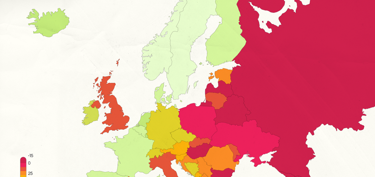 Euroopan maiden piirretty karttakuva, jossa maat ovat eri sävyisiä pinaisesta oranssin kautta vihreään.