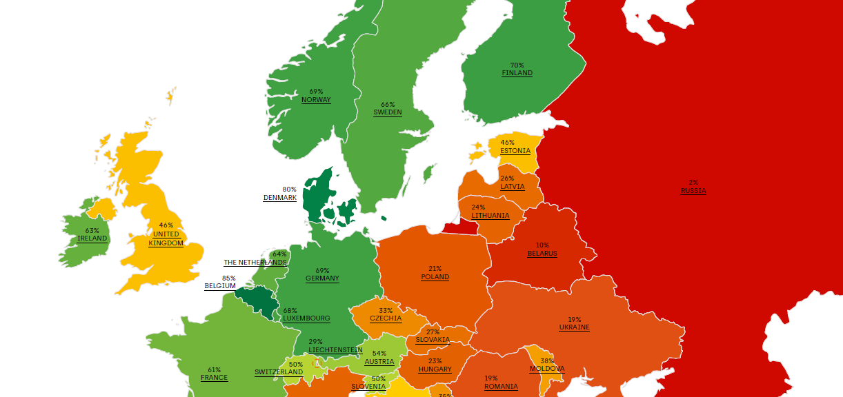 kuvassa Euroopan kartta ja maat eri värisinä suhteessa niiden sateenkaarimyönteisyyteen