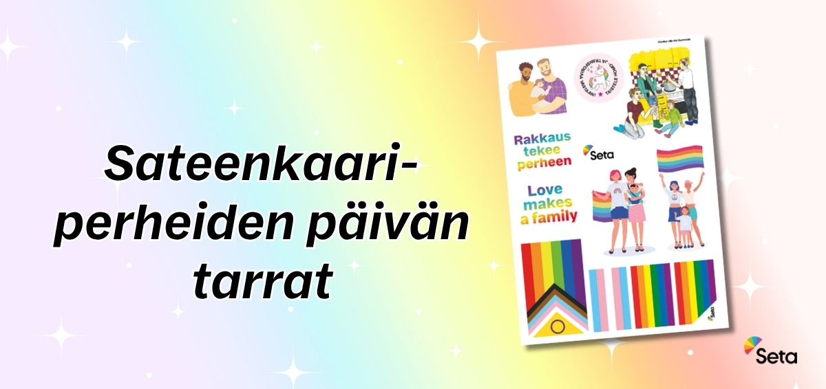 Kuva tarra-arkista ja teksti Sateenkaariperhepäivän tarrat