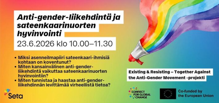 Kuvassa on webinaarin nimi ja ajankohta. Kuvassa on seuraavat kysymykset: Miksi asenneilmapiiri sateenkaari-ihmisiä kohtaan on koventunut? Miten kansainvälinen anti-gender-liikehdintä vaikuttaa sateenkaarinuorten hyvinvointiin? Miten tunnistaa ja haastaa anti-gender-liikehdinnän levittämää väärää tietoa?